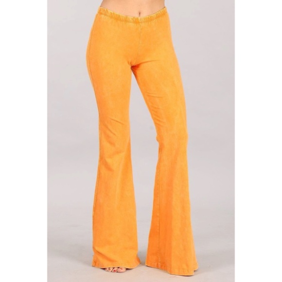 Tangerine Orange Boho Mineral Wash Stretch Flared Bell Bottom Casual Pants - Picture 2 of 6
